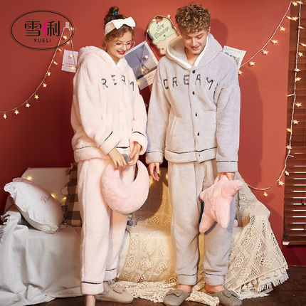 Xue Li autumn and winter coral fleece couple pajamas women thickened plus velvet flannel men's winter home service cute suit